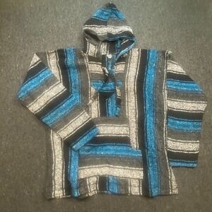 Artesanias Mickey Boho Mens L‎ Blue Striped Woven Drug Rug Baja Hoodie Pullover